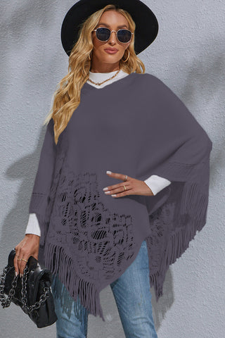 Shop Round Neck Fringe Detail Poncho - High-Quality U.S. Made Women’s Fashion with Free Fast Shipping