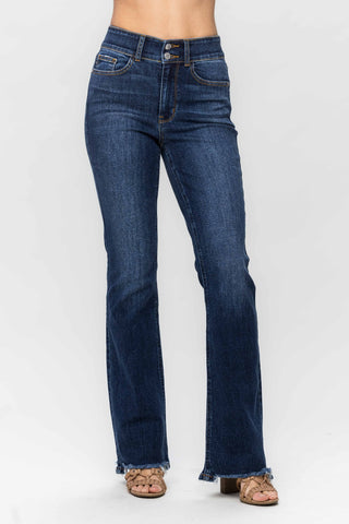 Shop Dark Judy Blue Full Size Frayed Hem Bootcut Jeans - High-Quality U.S. Made Women’s Fashion with Free & Fast Shipping