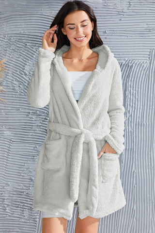 Shop Fuzzy Tied Pocketed Hooded Lounge Nightgown - High-Quality U.S. Made Women’s Fashion with Free Fast Shipping