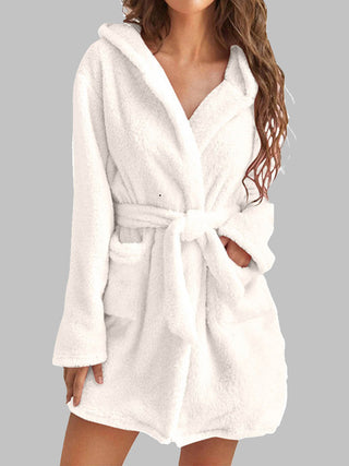 Shop White Tie Waist Hooded Robe - High-Quality U.S. Made Women’s Fashion with Free & Fast Shipping