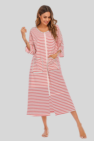 Shop Red Round Neck Three-Quarter Sleeve Midi Night Dress - High-Quality U.S. Made Women’s Fashion with Free & Fast Shipping