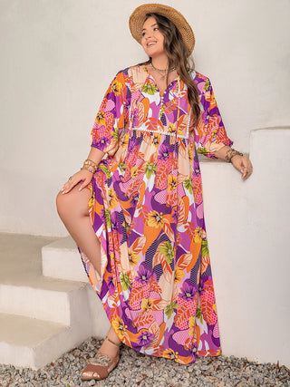 Shop Plus Size Printed Tie Neck Maxi Dress - High-Quality U.S. Made Women’s Fashion with Free & Fast Shipping