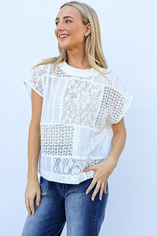 Shop White And The Why Lace Patchwork Short Sleeve Top and Cami Set - High-Quality U.S. Made Women’s Fashion with Free & Fast Shipping