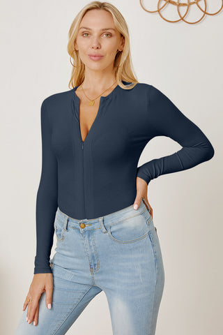 Shop Dark Blue Zip Up Long Sleeve Bodysuit - High-Quality U.S. Made Women’s Fashion with Free & Fast Shipping