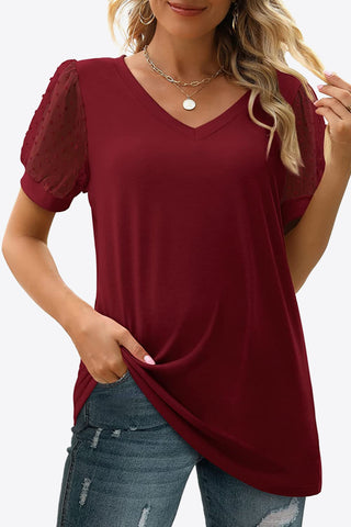 Shop Swiss Dot Puff Sleeve V-Neck Tee - High-Quality U.S. Made Women’s Fashion with Free & Fast Shipping