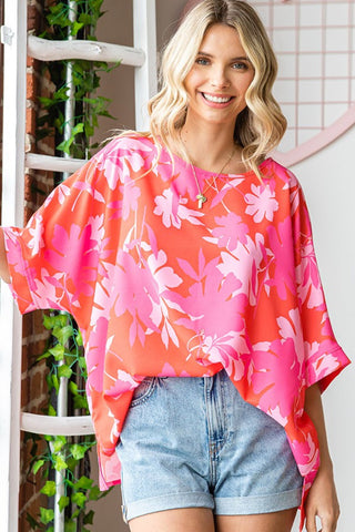 Shop CORALMULTI First Love Slit Printed Round Neck Half Sleeve Blouse - High-Quality U.S. Made Women’s Fashion with Free & Fast Shipping