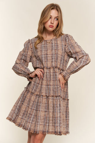 Shop Brown And The Why Full Size Washed Frayed Tiered Plaid Dress - High-Quality U.S. Made Women’s Fashion with Free & Fast Shipping