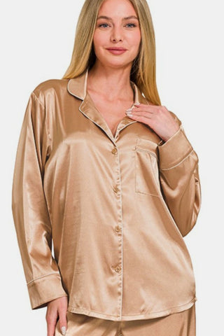 Shop Zenana Satin Long Sleeve Shirt and Pants Pajama Set - High-Quality U.S. Made Women’s Fashion with Free & Fast Shipping