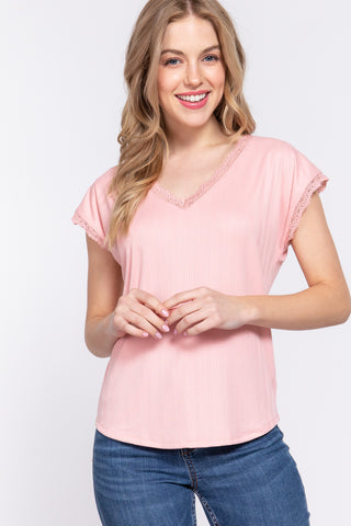 Shop PINK ACTIVE BASIC Lace Trim V-Neck Short Sleeve Ribbed Top - High-Quality U.S. Made Women’s Fashion with Free & Fast Shipping