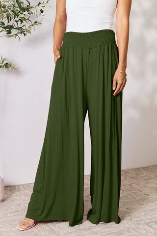 Shop Army Green Double Take Full Size Smocked Wide Waistband Wide Leg Pants - High-Quality U.S. Made Women’s Fashion with Free & Fast Shipping