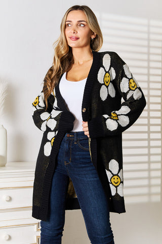 Shop Black Floral Button Down Longline Cardigan - High-Quality U.S. Made Women’s Fashion with Free & Fast Shipping