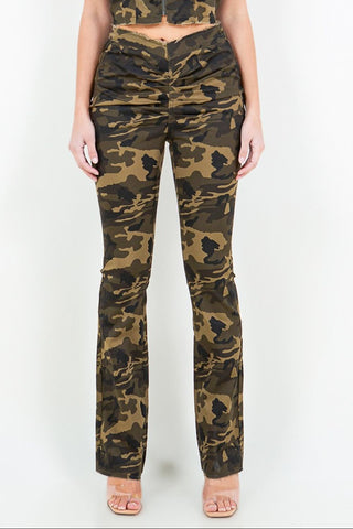 Shop American Bazi V-Cut Ruched Camo Flare Pants - High-Quality U.S. Made Women’s Fashion with Free & Fast Shipping