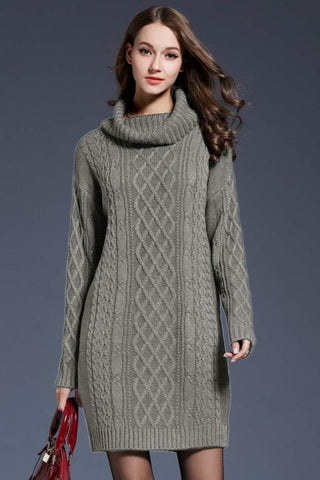 Shop Gray Woven Right Full Size Mixed Knit Cowl Neck Dropped Shoulder Sweater Dress - High-Quality U.S. Made Women’s Fashion with Free & Fast Shipping