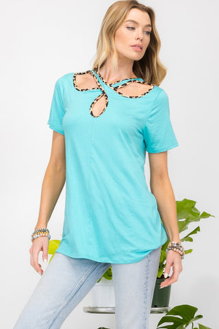 Shop Mint Celeste Full Size Crisscross Cutout Leopard Contrast Trim T-Shirt - High-Quality U.S. Made Women’s Fashion with Free & Fast Shipping