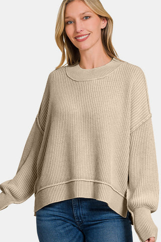 Shop Zenana Exposed Seam Round Neck Dropped Shoulder Sweater - High-Quality U.S. Made Women’s Fashion with Free & Fast Shipping