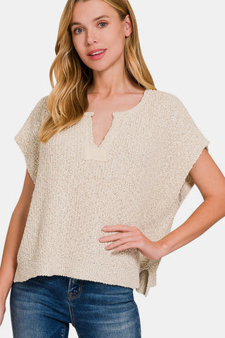 Shop Sand Beige Zenana Short Sleeve Side Slit Sweater - High-Quality U.S. Made Women’s Fashion with Free & Fast Shipping