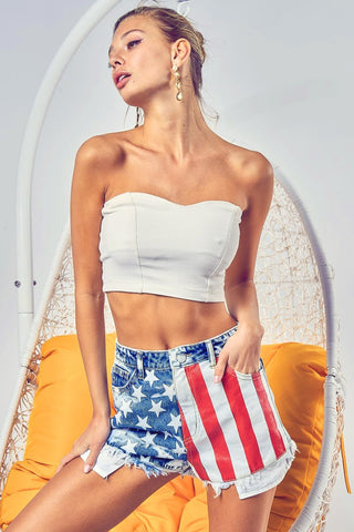 Shop BiBi US Flag Theme Bleached Denim Shorts - High-Quality U.S. Made Women’s Fashion with Free & Fast Shipping