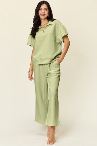 Shop Mist Green Double Take Full Size Texture Half Zip Short Sleeve Top and Pants Set - High-Quality U.S. Made Women’s Fashion with Free & Fast Shipping