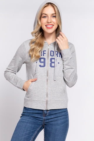 Shop H Grey Navy ACTIVE BASIC CALIFORNIA Zip Up Drawstring Long Sleeve Hoodie - High-Quality U.S. Made Women’s Fashion with Free & Fast Shipping