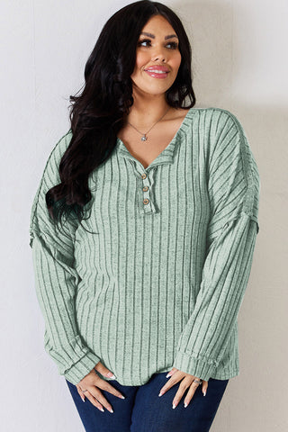 Shop Basic Bae Full Size Ribbed Half Button Long Sleeve T-Shirt - High-Quality U.S. Made Women’s Fashion with Free & Fast Shipping