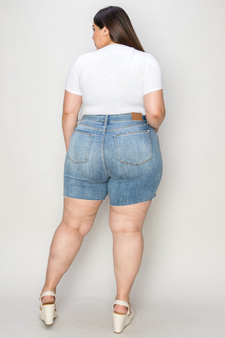 Shop Judy Blue Full Size High Waist Raw Hem Denim Shorts - High-Quality U.S. Made Women’s Fashion with Free & Fast Shipping