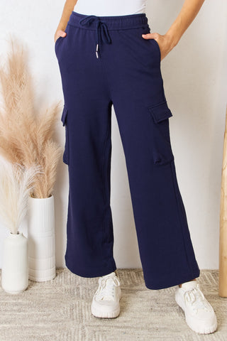 Shop Dark Blue RISEN Drawstring Relaxed Cargo Wide Leg Pants - High-Quality U.S. Made Women’s Fashion with Free & Fast Shipping