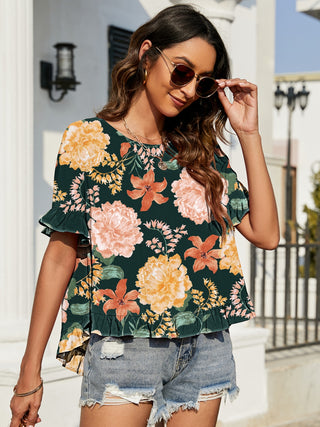 Shop Floral Ruffled Short Sleeve Blouse - High-Quality U.S. Made Women’s Fashion with Free & Fast Shipping