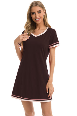 Shop Chocolate Contrast Trim Short Sleeve Lounge Dress - High-Quality U.S. Made Women’s Fashion with Free & Fast Shipping