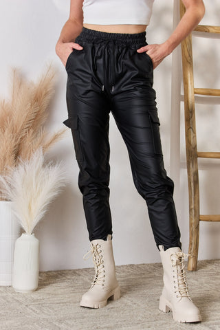 Shop Black Color 5 Faux Leather Cargo Pants - High-Quality U.S. Made Women’s Fashion with Free & Fast Shipping