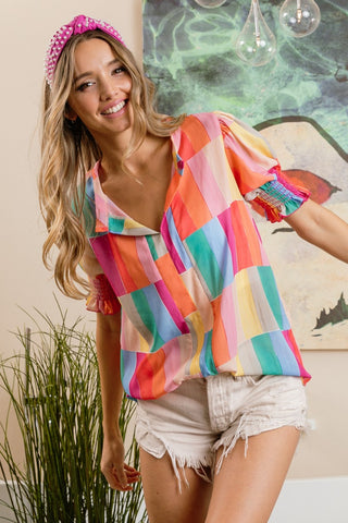 Shop BiBi Color Block Smocked Short Sleeve Blouse - High-Quality U.S. Made Women’s Fashion with Free & Fast Shipping