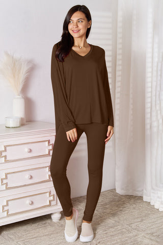 Shop Basic Bae Full Size V-Neck Soft Rayon Long Sleeve Top and Pants Lounge Set - High-Quality U.S. Made Women’s Fashion with Free Fast Shipping