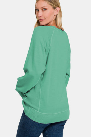 Shop Zenana Pocketed Round Neck Long Sleeve Sweatshirt - High-Quality U.S. Made Women’s Fashion with Free & Fast Shipping