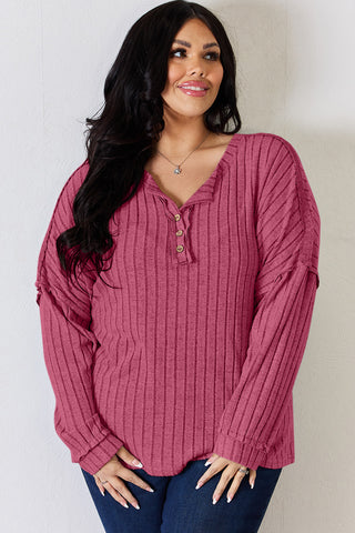 Shop Basic Bae Full Size Ribbed Half Button Long Sleeve T-Shirt - High-Quality U.S. Made Women’s Fashion with Free & Fast Shipping