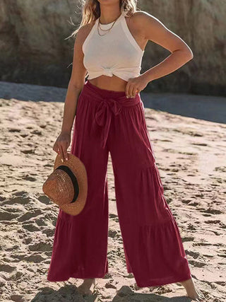 Shop Tied Ruched Wide Leg Pants - High-Quality U.S. Made Women’s Fashion with Free & Fast Shipping