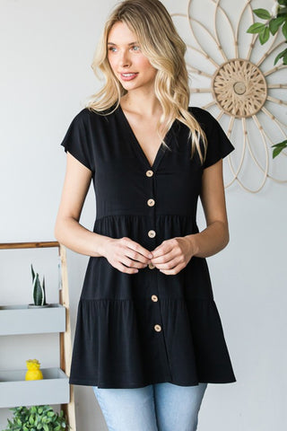 Shop Black Heimish Full Size Buttoned V-Neck Tiered Top - High-Quality U.S. Made Women’s Fashion with Free & Fast Shipping