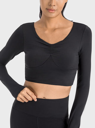 Shop Black Millennia Ruched Cropped Long Sleeve Sports Top - High-Quality U.S. Made Women’s Fashion with Free & Fast Shipping