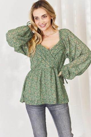 Shop SHAMROCK GREEN HEYSON Full Size Floral Surplice Peplum Blouse - High-Quality U.S. Made Women’s Fashion with Free & Fast Shipping