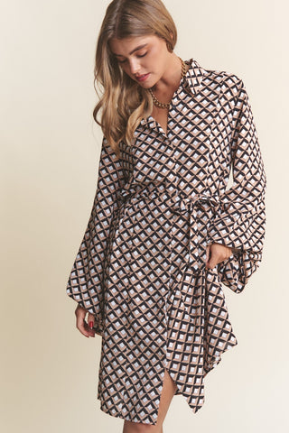 Shop J.NNA Geometric Balloon Long Sleeve Midi Dress - High-Quality U.S. Made Women’s Fashion with Free & Fast Shipping