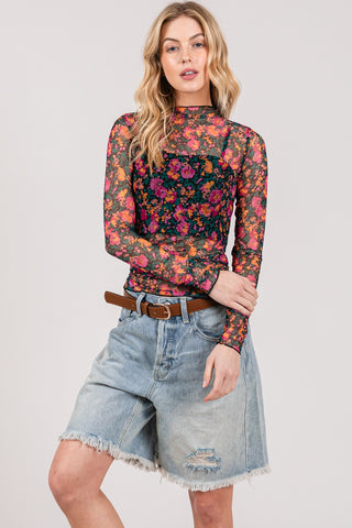 Shop SAGE + FIG Floral Mesh Long Sleeve Top - High-Quality U.S. Made Women’s Fashion with Free & Fast Shipping