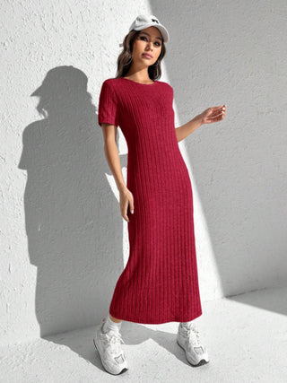 Shop Scarlet Slit Round Neck Short Sleeve Sweater Dress - High-Quality U.S. Made Women’s Fashion with Free & Fast Shipping