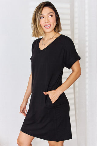 Shop Zenana Full Size Rolled Short Sleeve V-Neck Dress - High-Quality U.S. Made Women’s Fashion with Free & Fast Shipping