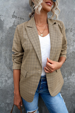 Shop Khaki Plaid Lapel Collar Button Cuff Blazer - High-Quality U.S. Made Women’s Fashion with Free & Fast Shipping