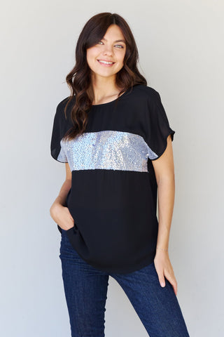 Shop Sew In Love Shine Bright Full Size Center Mesh Sequin Top in Black/Silver - High-Quality U.S. Made Women’s Fashion with Free & Fast Shipping