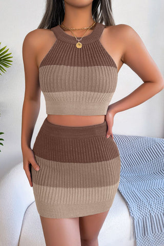 Shop Camel Color Block Sleeveless Crop Knit Top and Skirt Set - High-Quality U.S. Made Women’s Fashion with Free & Fast Shipping