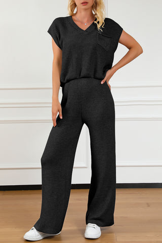 Shop Black Pocketed V-Neck Top and Wide Leg Sweater Set - High-Quality U.S. Made Women’s Fashion with Free & Fast Shipping