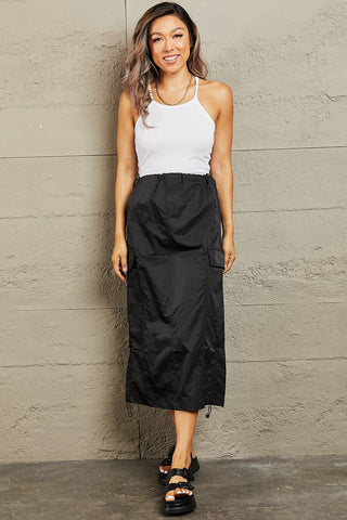 Shop HYFVE Just In Time High Waisted Cargo Midi Skirt in Black - High-Quality U.S. Made Women’s Fashion with Free & Fast Shipping