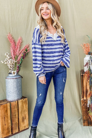 Shop And The Why Striped Lace Detail V Neck Top - High-Quality U.S. Made Women’s Fashion with Free & Fast Shipping