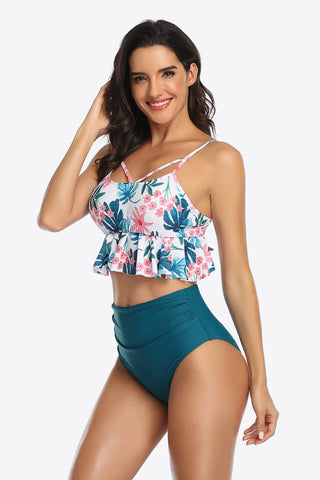 Shop Tropical Print Ruffled Two-Piece Swimsuit - High-Quality U.S. Made Women’s Fashion with Free Fast Shipping