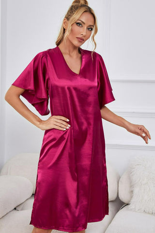 Shop Satin Flutter Sleeve Side Slit V-Neck Night Dress - High-Quality U.S. Made Women’s Fashion with Free & Fast Shipping