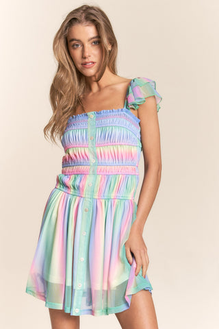 Shop Sage Multi J.NNA Rainbow Smocked Mini Mesh Dress - High-Quality U.S. Made Women’s Fashion with Free & Fast Shipping